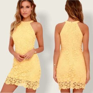 Lulu's Yellow Love Poem Lace Halter Mini Dress Sz. S